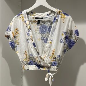 Forever 21 White and Cream Flutter Sleeve Wrap Blouse